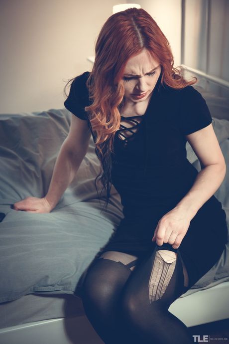 Perfect teen Lea B rips her pantyhose & fingers her pussy in the bedroom