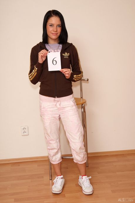 Skinny amateur Leony April strips and teases with her tiny tits & pussy