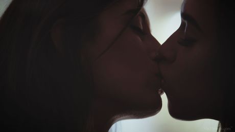 Lesbian girls Julia Roca & Briana Banderas kiss before licking pussies on a bed