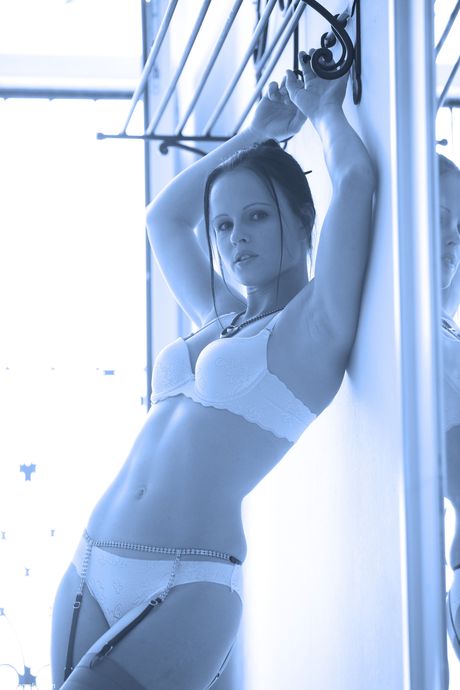 Hungarian teen Jo strips off her lingerie and masturbates her hairy pussy