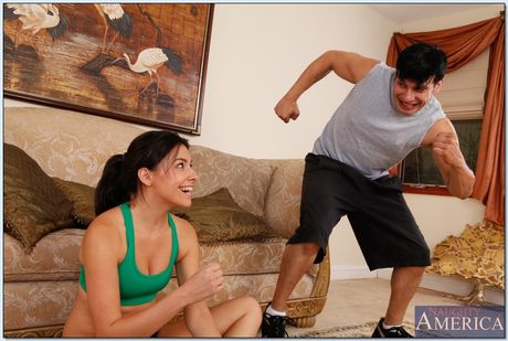 Petite brunette Danica Dillon has sex with a big cock after a workout