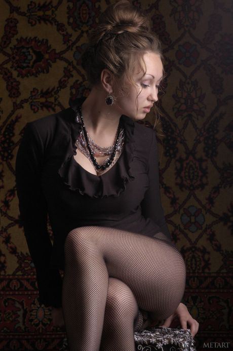 Aneli A strips her pantyhose to show off her big tits and hairy pussy