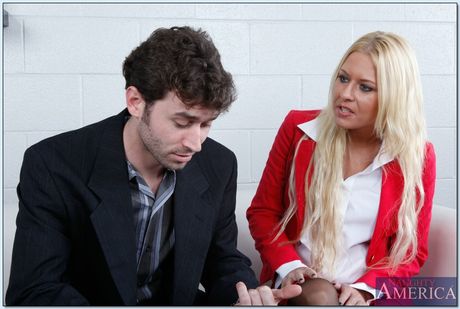 Blonde secretary Riley Evans gets her shaved pussy fucked at work