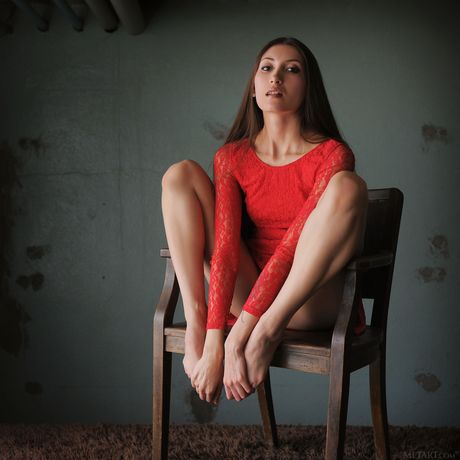 Tempting teen Saju A removes a red dress to pose nude in high heels