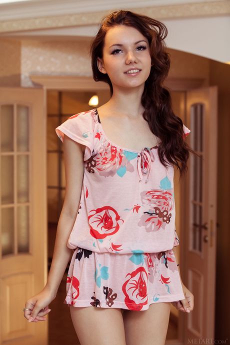 Met Art: Endearing teen Iva removes her dress and panties to pose nude on her bed