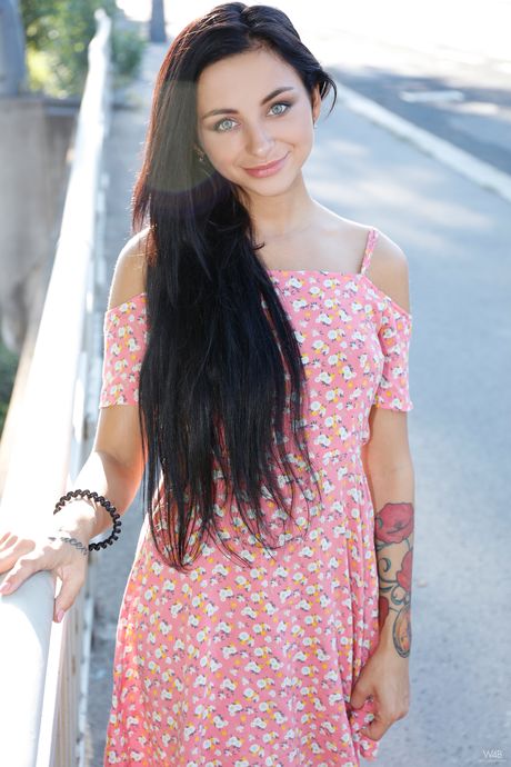 Glamorous teen Inga shows her hairy pussy & her small tits in public