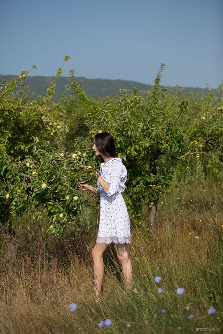 Ukrainian lady Adel Morel gets naked in the orchard and poses