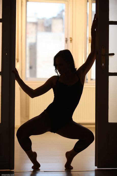 Gorgeous teen Jo strips her bodysuit & pantyhose & masturbates her shaved pussy