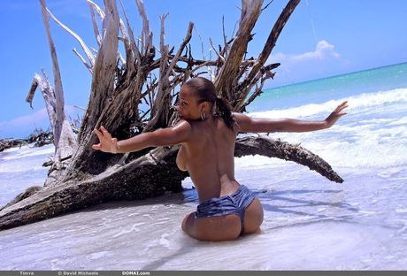 Stunning teen Tierra bares it all on a beach while oiling her body