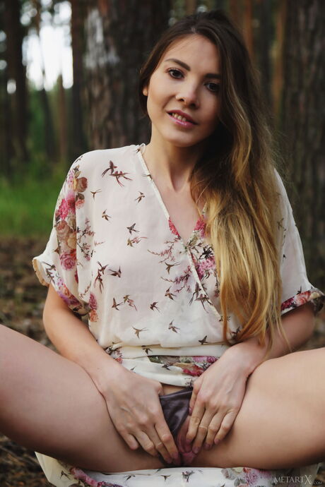 Magnetic teen Kira strips & masturbates in the forest, showing her big tits & ass