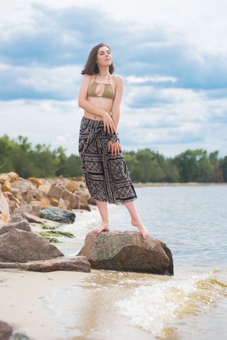 Sexy maid Dakota A strips and poses naked on the beach