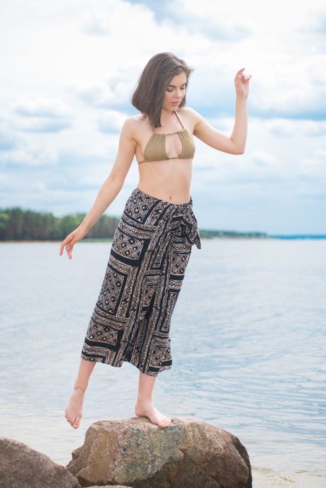 Sexy maid Dakota A strips and poses naked on the beach