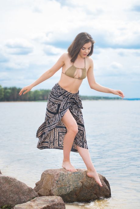 Sexy maid Dakota A strips and poses naked on the beach