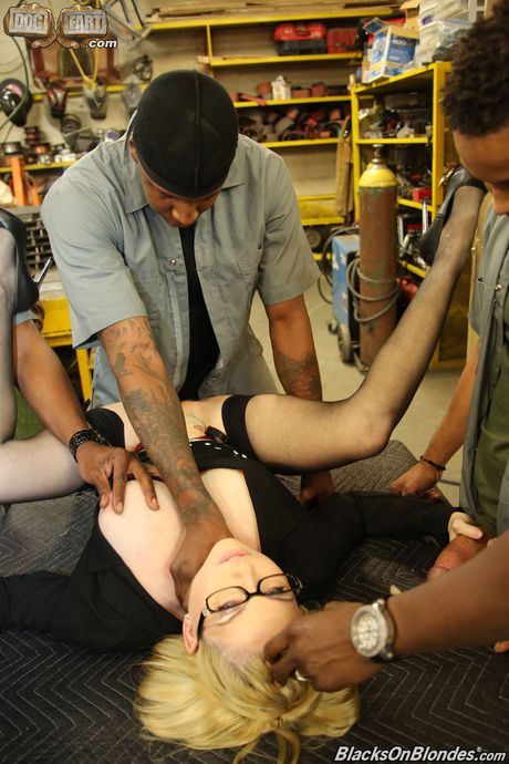 Blonde cougar Christie Stevens gets gangbanged by black men in glasses