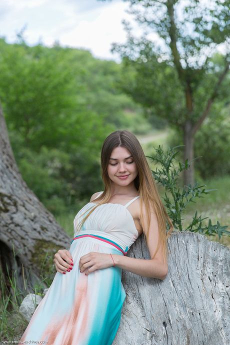 Lean teen Georgia strips naked and exposes her tiny tits and shaved pussy