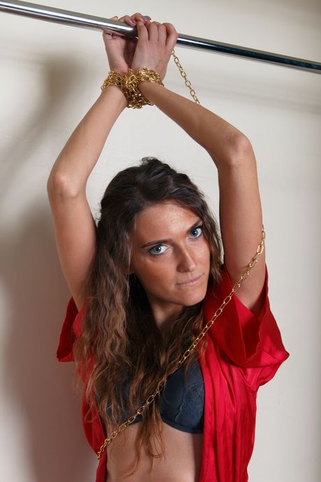 Tempting teen Melisa E in lingerie & chains masturbating her pussy close up