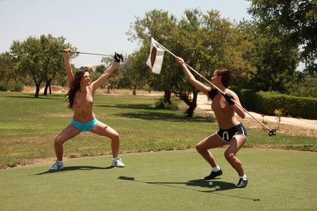 Sporty lesbians Sandra Shine & Jo play golf in the nude