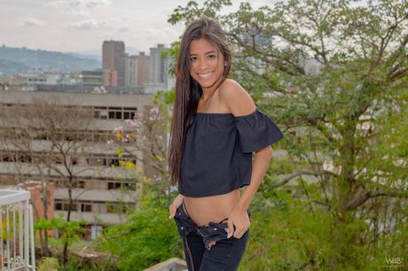 Skinny Latina teen Karin Torres masturbates on a sofa in the backyard