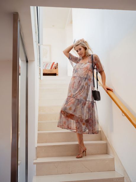 Attractive teen Casey fingers her pussy after getting naked in high heels