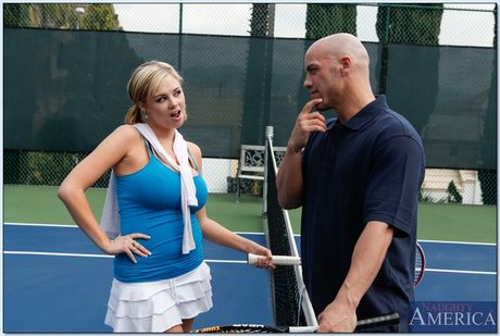 Blonde babe Katie Kox has sex with her coach on a tennis court
