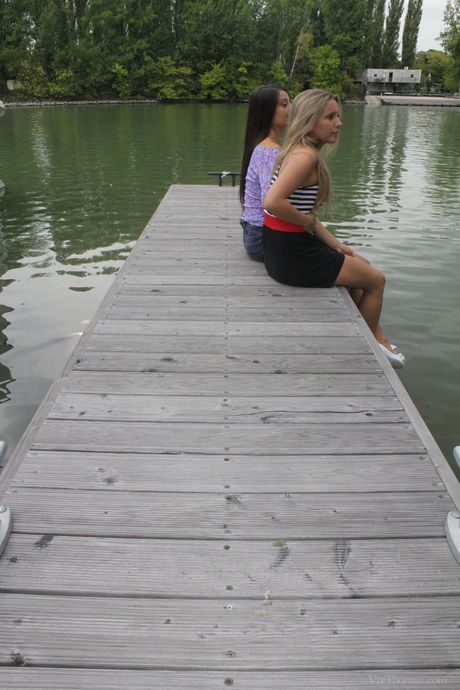 Hot blonde chicks Demi A & Lorena Garcia get naked in heels on a bed