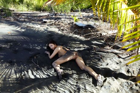 Skinny teen Anastasia reveals her naked form in the forest & shows her small tits & pussy