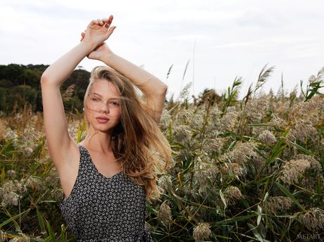 Russian lovely Amelia C goes nude on a blanket amid long weeds