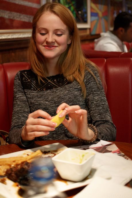 Sexy redhead Alice May gets naked in socks and sunglasses on a vacation