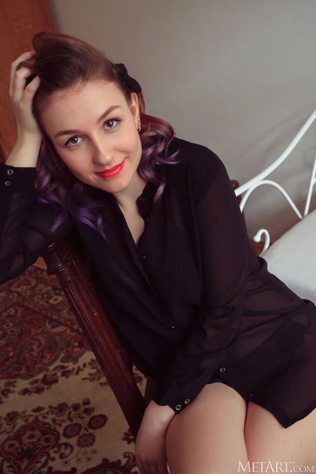 Cute teen Isabele removes her lingerie and shows her big tits and twat