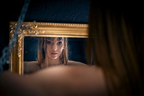 Skinny teen Marlyn shows her nice tits and bald pussy in stockings