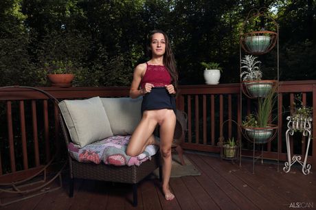 Petite teen Freya Von Doom toys her pussy and asshole on a deck