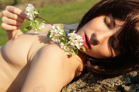 Gorgeous teen Tanusha A strips naked in a field of flowers & poses in heels