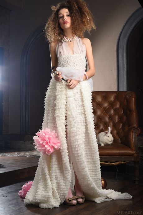 Stunning teen Cualy removes her lingerie and socks to get naked in a tea party