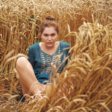 A adolescente charmosa Jenya A tira seu vestido azul para posar nu em um milharal
