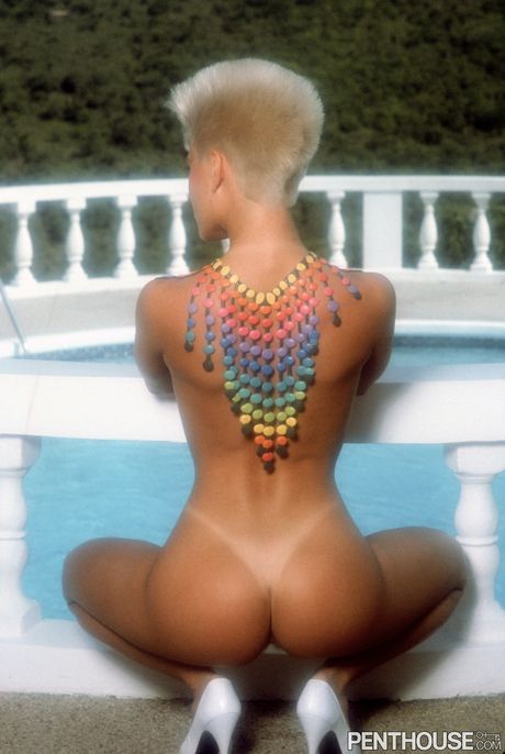 Penthouse Gold: Blonde centerfold Jaqueline Winfield exhibits her big tits and ass outdoors