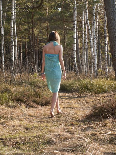 Brunette teen Lachia A flaunting her hairy pussy and small tits outdoors