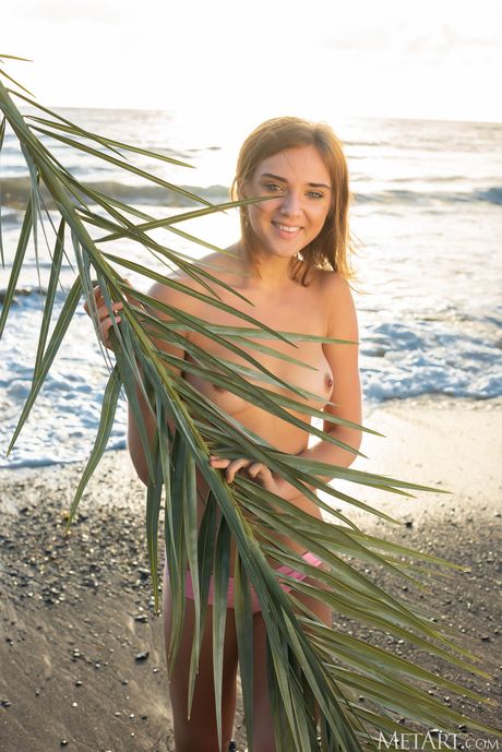 Precioso adolescente oxana chic fica nu em uma praia rochosa ao pôr do sol
