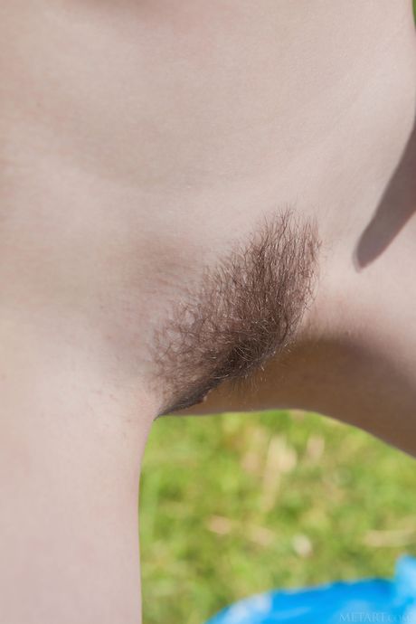 Svelte teen Ginger Frost shows her hairy pussy in the nude on a hill