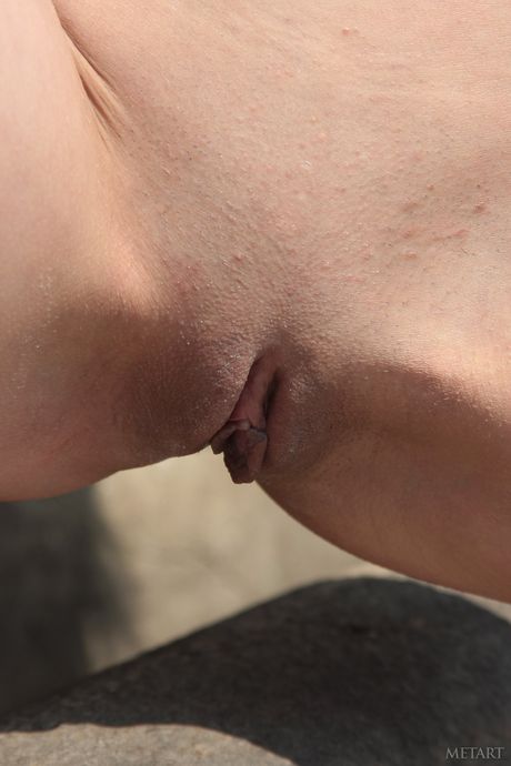 Delicate teen Vivien A bares her body on a blanket in a field