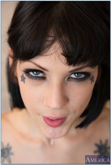 Tattooed brunette Asphyxia Noir gets her shaved pussy licked and boned by her friends husband