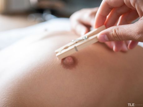 Lil Karla teases her nipples and pussy with clothespins and fingers