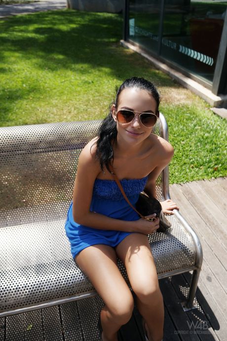 Slender teen Sapphira strips to her sunglasses while out in public