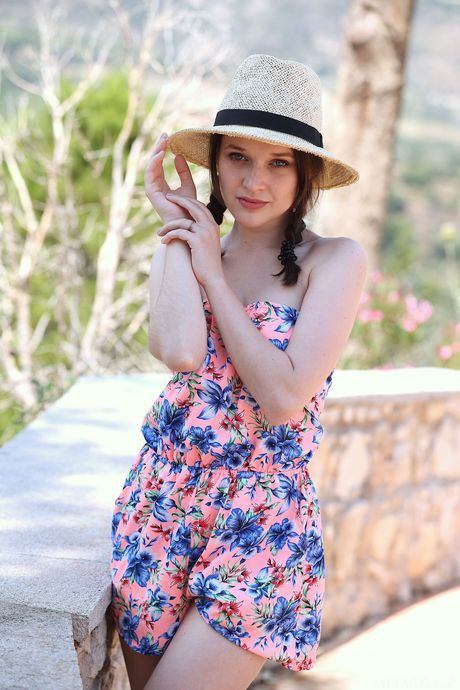 Endearing teen Serena Wood gets naked on a terrace in pigtails