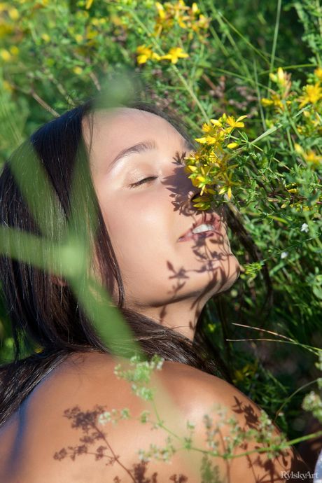 Naked teen Chandra strikes great solo poses in a field of wildflowers