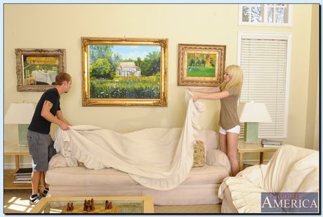 Skinny blonde Tiffany Fox has sex with her girlfriends boyfriend on a couch