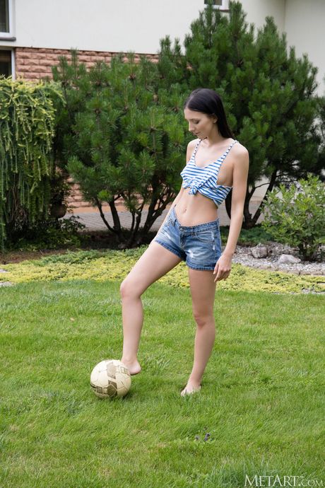 Delicate teen Myra gets naked in the backyard before playing soccer