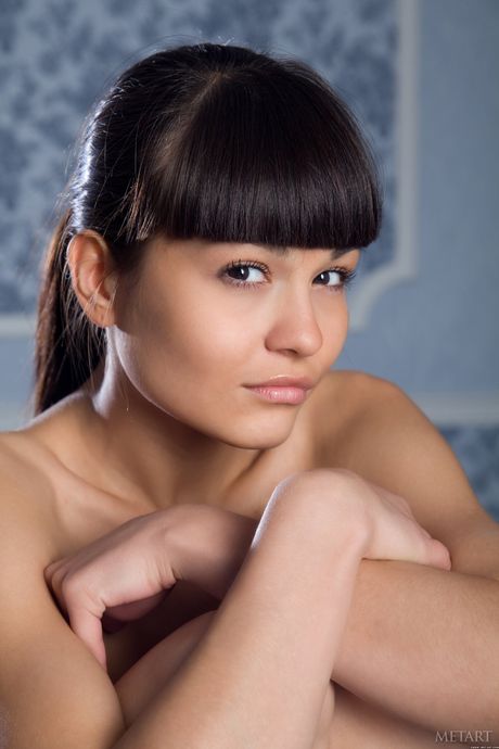 Thin teen Shereen A shows her big tits and hairy pussy in the nude