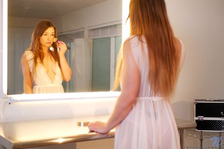 Tender teen Taylor Sands removes a black dress before masturbating