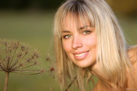 Skinny Russian erotic model Natalia B posing naked outdoors to show her tiny tits